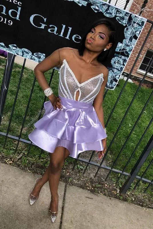 V Neck Purple Strapless Homecoming Dresses Satin Sequins Above Knee Short Prom Dress H1096 V Neck Purple Strapless Homecoming Dresses Satin Sequins Above Knee Short Prom Dress H1096