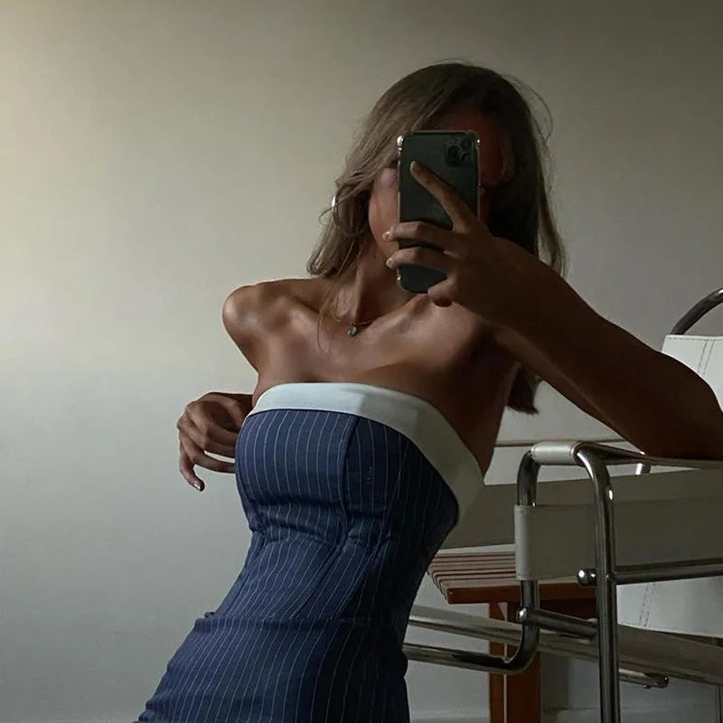 Women's dress New Spice girls fishbone striped short skirt American vintage sexy show skinny bag hip bandeau dress woman