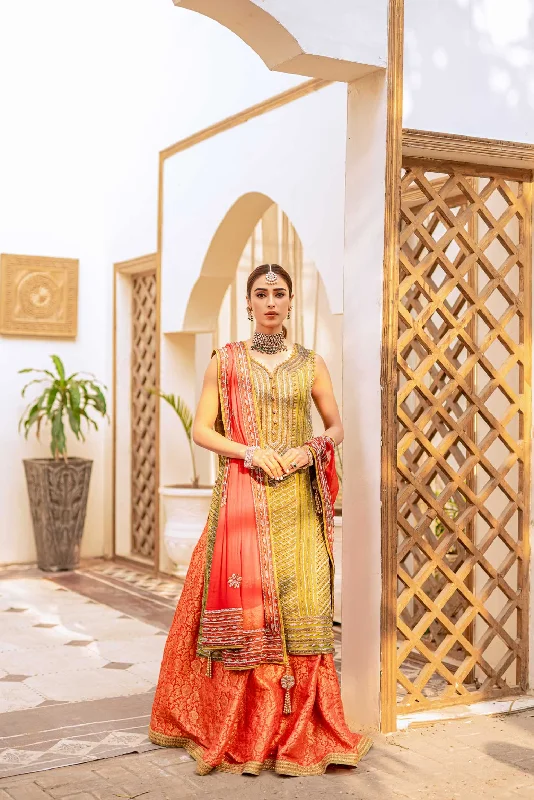 Yellow Kameez with Orange Lehenga Mehndi Dress #BS802