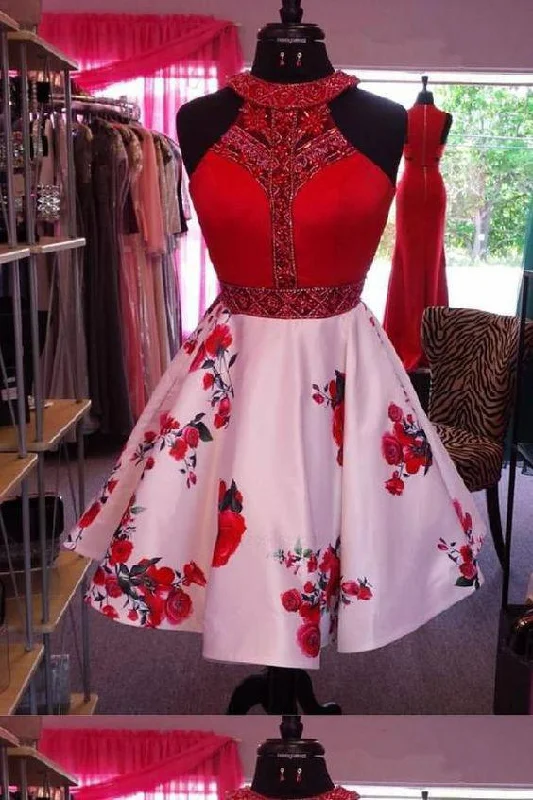 Simple Red Crystal Beaded Halter Short Floral Print Homecoming Dresses Cocktail Dresses H1115 Simple Red Crystal Beaded Halter Short Floral Print Homecoming Dresses Cocktail Dresses H1115