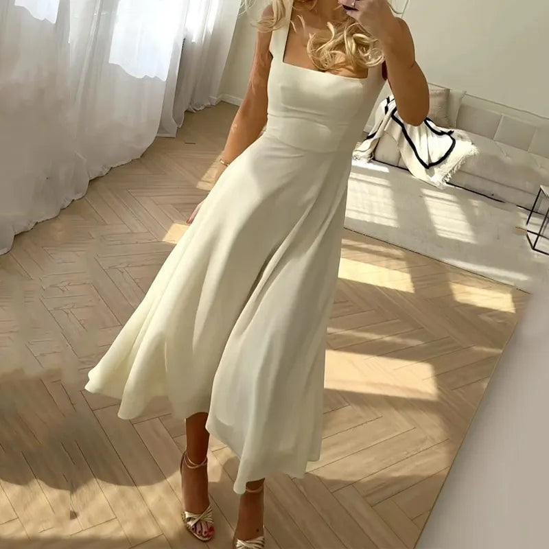 Getadme Women Summer Dresses Chiffon Solid White Sleeveless Sling A-line Dress Fashion Elegant Beach Formal Party Club Dress