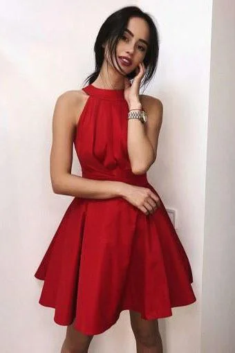 Simple Red Halter Satin Homecoming Dresses Above Knee Sleeveless Cocktail Dresses H1069 Simple Red Halter Satin Homecoming Dresses Above Knee Sleeveless Cocktail Dresses H1069