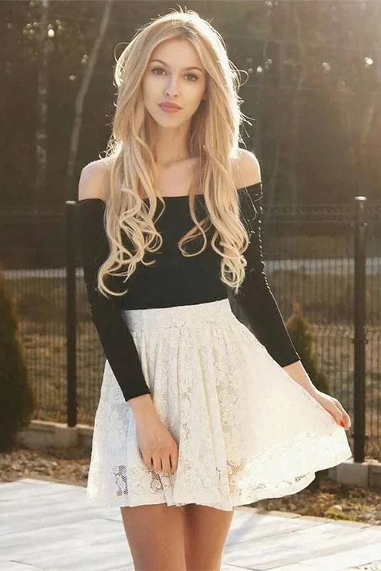 Long Sleeve Off the Shoulder Black and Ivory Above Knee Homecoming Dresses with Lace H1111 Long Sleeve Off the Shoulder Black and Ivory Above Knee Homecoming Dresses with Lace H1111