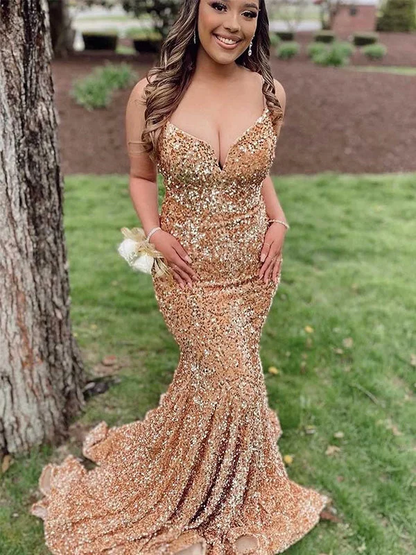 Sexy Spaghetti Straps V-neck Mermaid Sequins Marigold Long Evening Prom Dress, OL022 Sexy Spaghetti Straps V-neck Mermaid Sequins Marigold Long Evening Prom Dress, OL022