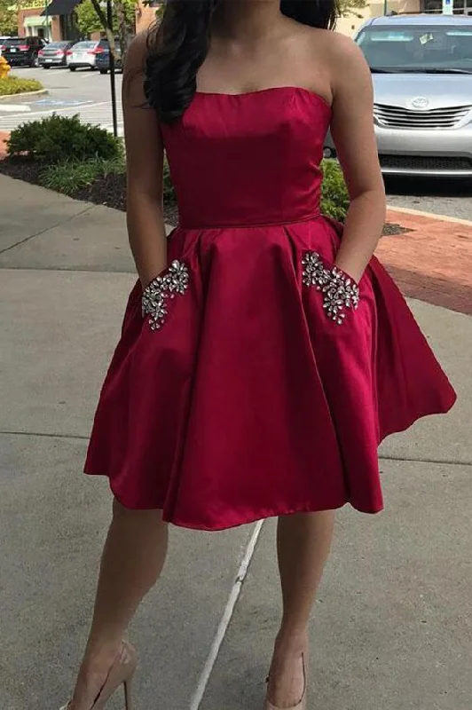 Simple Strapless Cute Cheap Beaded Red Sleeveless Homecoming Dresses with Pockets WK702 Simple Strapless Cute Cheap Beaded Red Sleeveless Homecoming Dresses with Pockets WK702