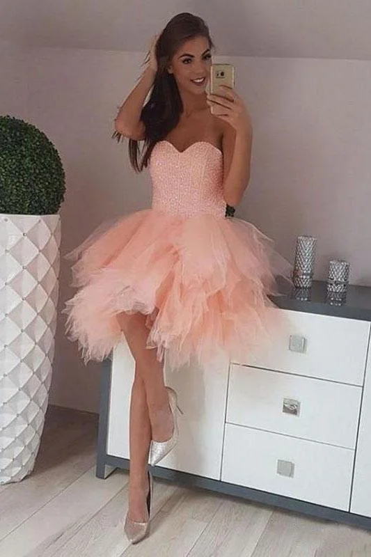 Peach Pink Strapless Sweetheart Homecoming Dresses Beaded Tulle Formal Dresses H1236 Peach Pink Strapless Sweetheart Homecoming Dresses Beaded Tulle Formal Dresses H1236