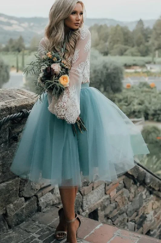 High Fashion Two-Piece Long Sleeves Homecoming Dress White Lace Top with Tutu Skirt WK122