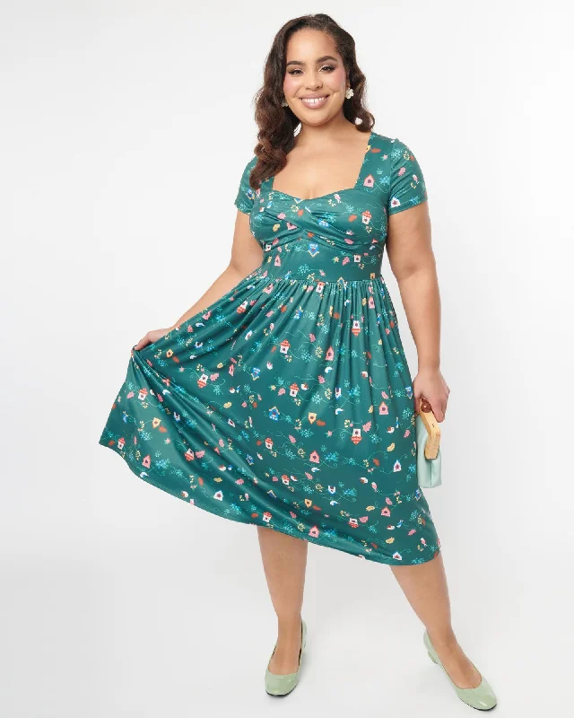 Unique Vintage 1950s Green Birdhouse Twist Front Swing Dress | Green Birdhouse Print Unique Vintage 1950s Green Birdhouse Twist Front Swing Dress | Green Birdhouse Print