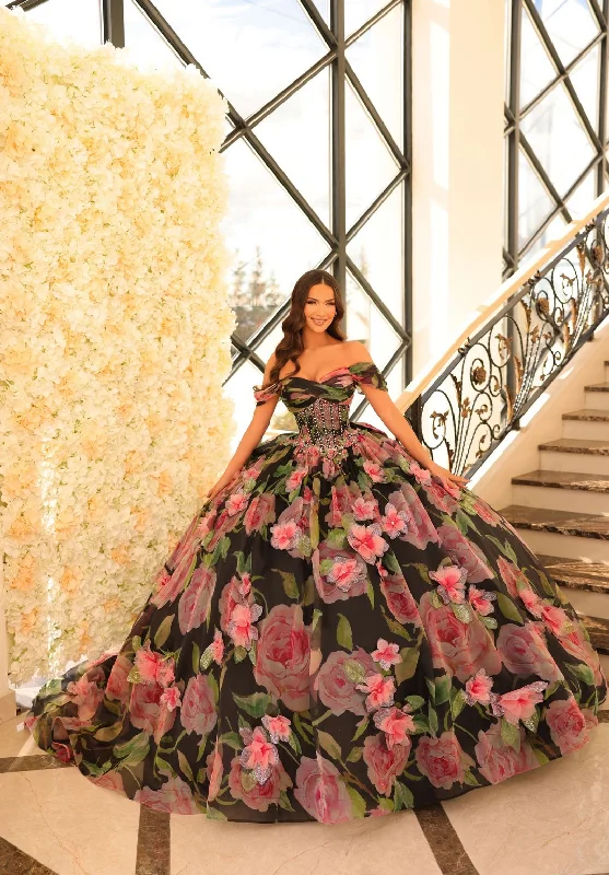 Amarra 54214 Long Floral Ball Gown Detachable Bow Quinceanera Dress