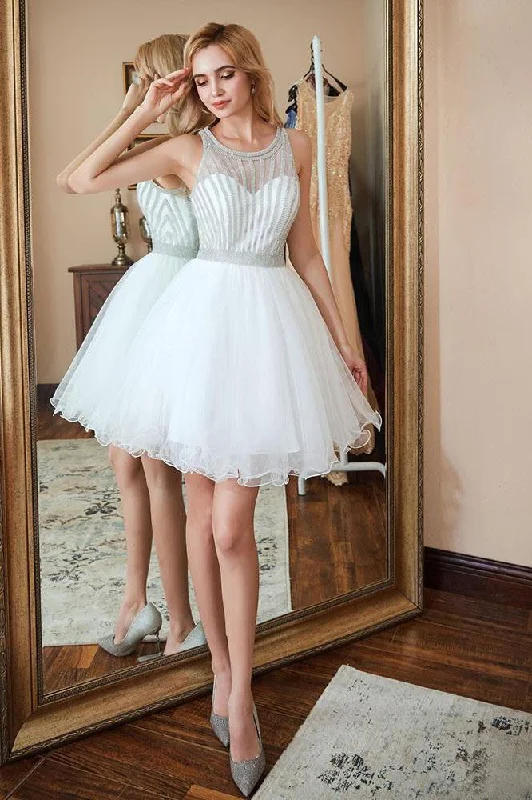 Scoop A Line White Homecoming Dresses Sequins Above Knee Tulle Short Prom Dresses H1100 Scoop A Line White Homecoming Dresses Sequins Above Knee Tulle Short Prom Dresses H1100