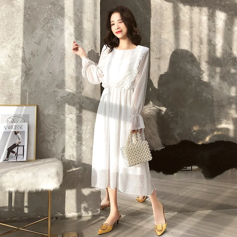 Ruffles Polka Dot Women Chiffon Dress Elastic Waist Flare Sleeve Female Long Vestidos Retro A line Women Dress Ruffles Polka Dot Women Chiffon Dress Elastic Waist Flare Sleeve Female Long Vestidos Retro A line Women Dress
