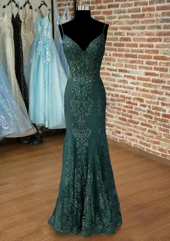 Mermaid V Neck Spaghetti Straps Long/Floor-Length Tulle Prom Dress With Appliqued Beading S5181 Mermaid V Neck Spaghetti Straps Long/Floor-Length Tulle Prom Dress With Appliqued Beading S5181
