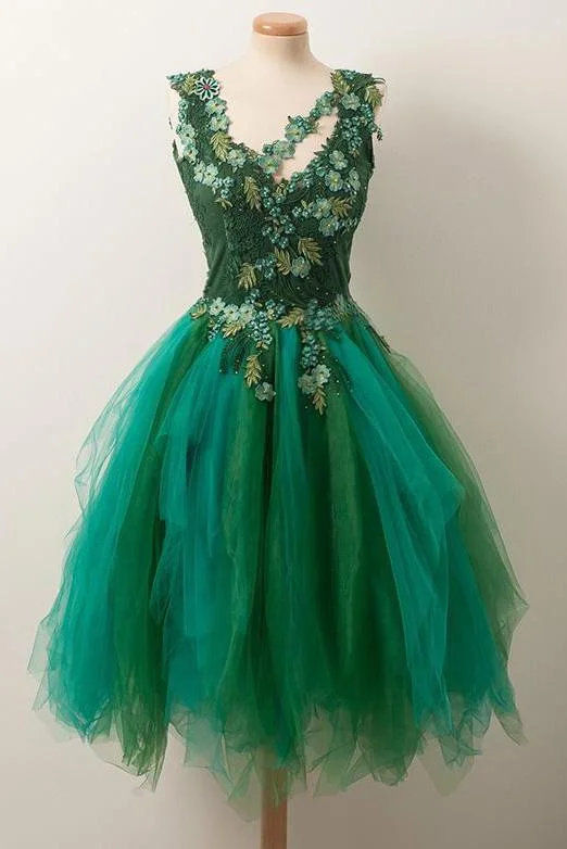 Simple A Line V Neck Short Green Tulle Homecoming Dress With Appliques Beading H1000 Simple A Line V Neck Short Green Tulle Homecoming Dress With Appliques Beading H1000
