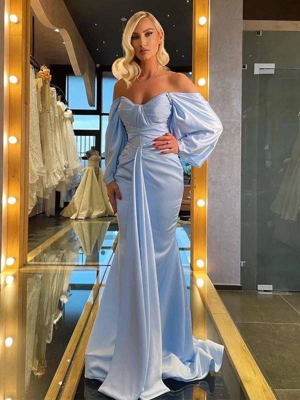 Elegant Off the Shoulder Long Sleeves Mermaid Sky Blue Long Satin Prom Dresses Online, OL699 Elegant Off the Shoulder Long Sleeves Mermaid Sky Blue Long Satin Prom Dresses Online, OL699