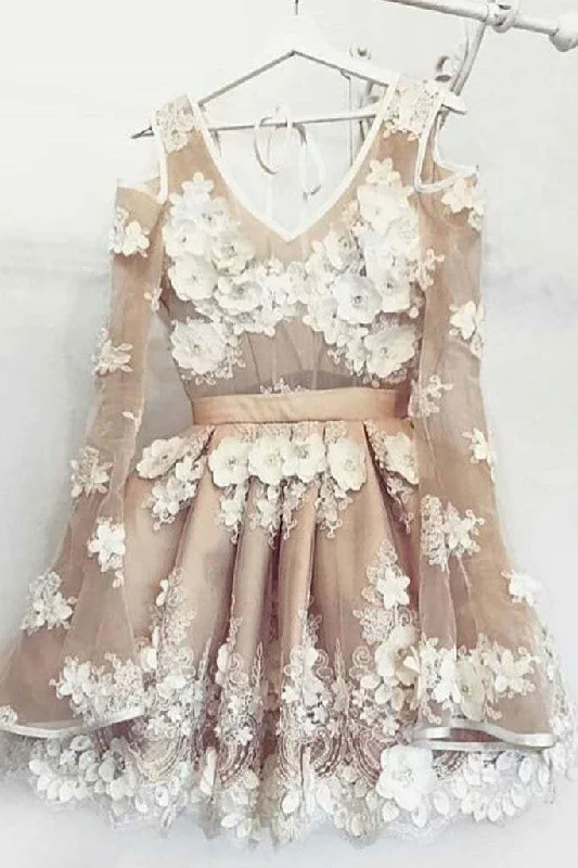 Long Sleeve V Neck Lace Appliques Knee Length Short Prom Dresses Homecoming Dress H1053 Long Sleeve V Neck Lace Appliques Knee Length Short Prom Dresses Homecoming Dress H1053