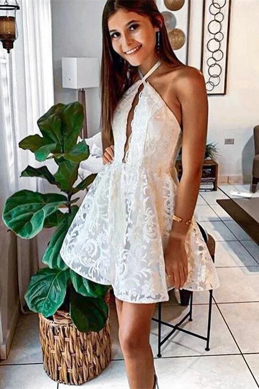 Lace Halter Sleeveless Above Knee Homecoming Dresses V Neck Short Prom Dresses H1112