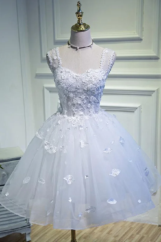 Simple Sweetheart White Lace up Beads Lace Appliques Tulle Straps Homecoming Dresses H1129 Simple Sweetheart White Lace up Beads Lace Appliques Tulle Straps Homecoming Dresses H1129