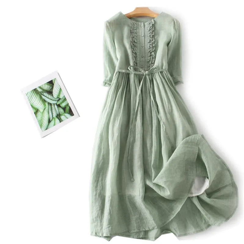 New Summer Retro Linen Long Dresses Cotton Linen Women Elegant Long Sleeve O-neck High Waist Dresses AD2039