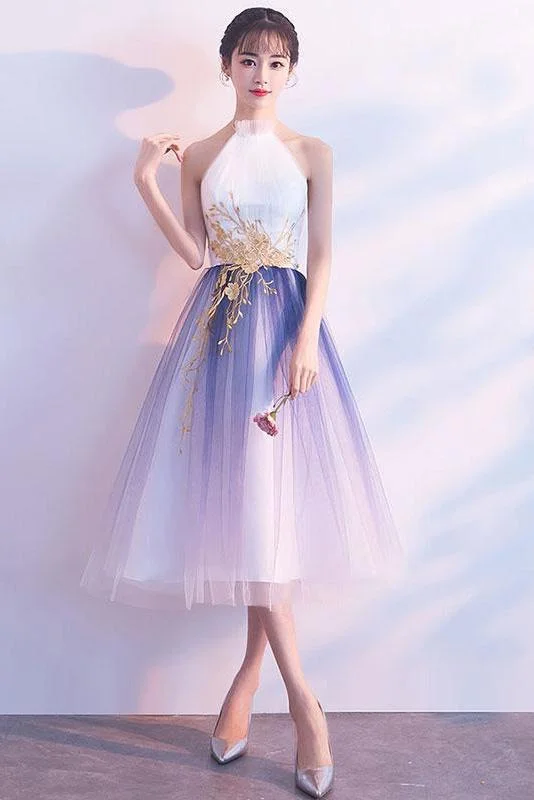 Simple Tulle White and Blue Ankle Length Halter Backless Sleeveless Graduation Dresses H1005 Simple Tulle White and Blue Ankle Length Halter Backless Sleeveless Graduation Dresses H1005