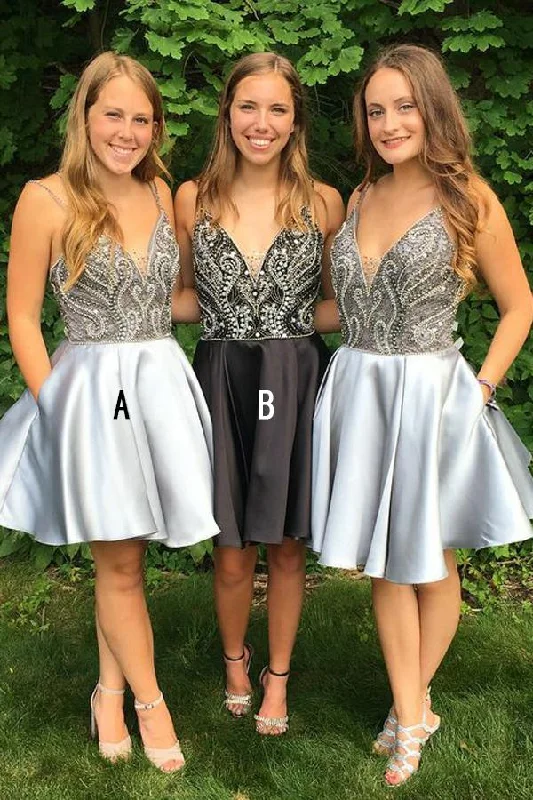 Spaghetti Straps V Neck Above Knee Grey Satin Homecoming Dress with Beads Pockets H1301 Spaghetti Straps V Neck Above Knee Grey Satin Homecoming Dress with Beads Pockets H1301