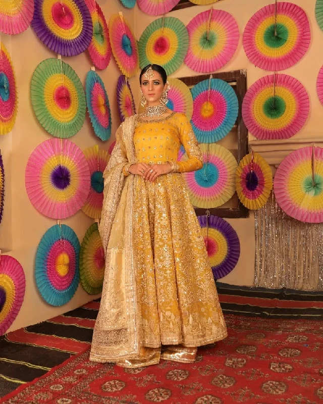 Royal Anarkali Frock Sharara Yellow Mehndi Dress #BS813