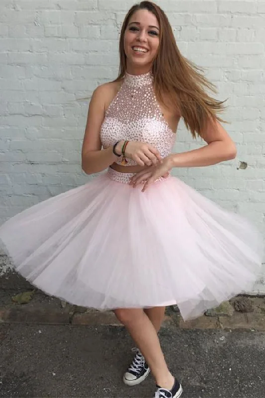 Two Pieces Pretty Sexy Charming Beading Halter Tulle Blush Pink Homecoming Dresses H97 Two Pieces Pretty Sexy Charming Beading Halter Tulle Blush Pink Homecoming Dresses H97