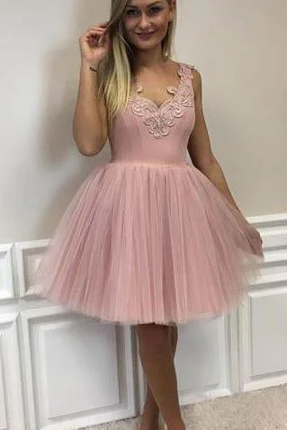 Mini Blush Pink Short Homecoming Dresses with V Neck Appliqued Tulle Prom Dresses WK955 Mini Blush Pink Short Homecoming Dresses with V Neck Appliqued Tulle Prom Dresses WK955