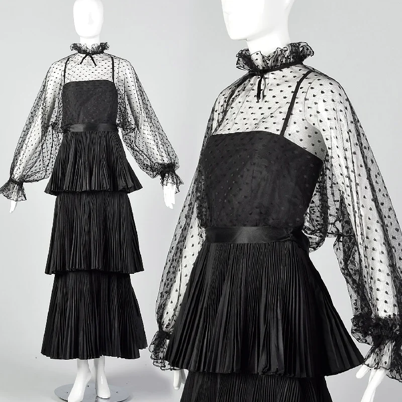 1970s Richilene Black Pleated Maxi Dress with Mesh Top Elegant Pleated Maxi Dress