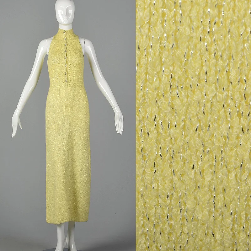 1970s Yellow Knit Maxi Dress with Metallic Silver Lurex Stylish Button-Up Maxi Dress