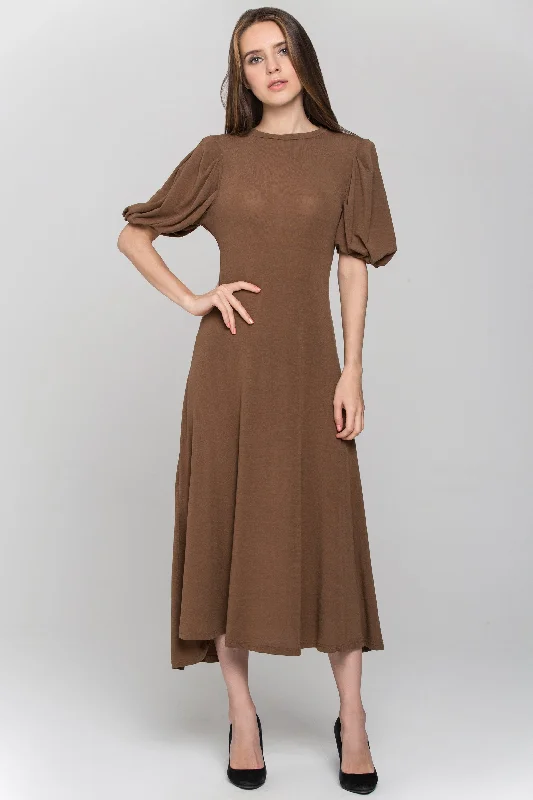 Brown High Neck Puff Sleeves Maxi Dress Casual Maxi Dress with Pockets