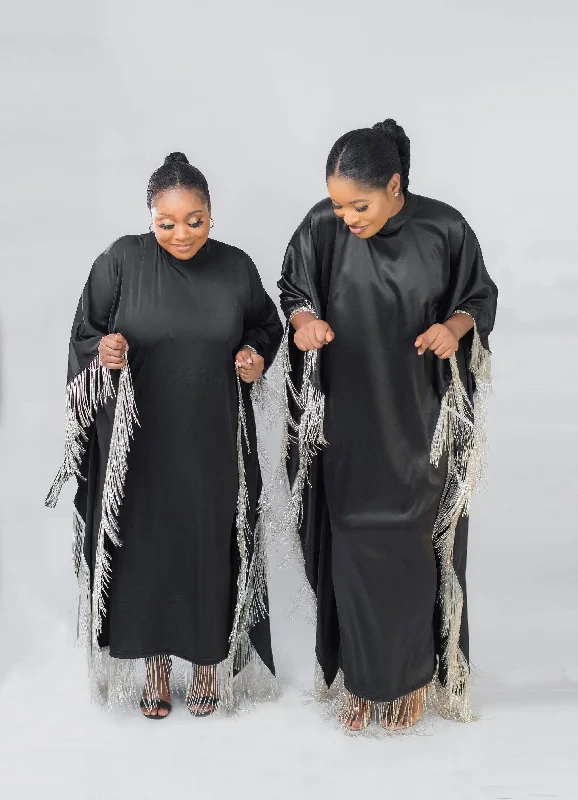 Beaded Fringed boubou - Black Maxi dress Chic Boho Print Maxi Dress