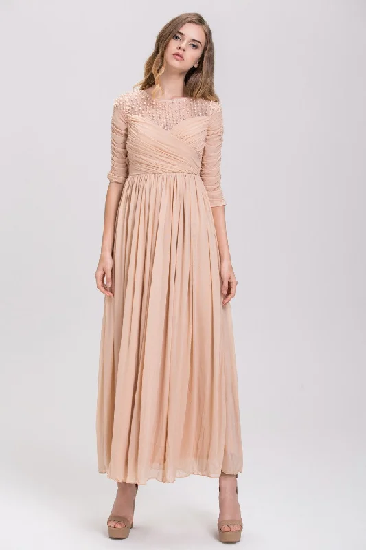 Champagne Pearl Evening Maxi Dress Trendy Maxi Dress with Bow