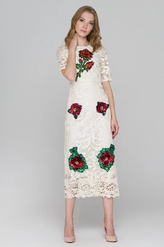 Cream Lace Sequined Flower Patch Maxi Dress Cozy Ruffle Sleeve Maxi Dress