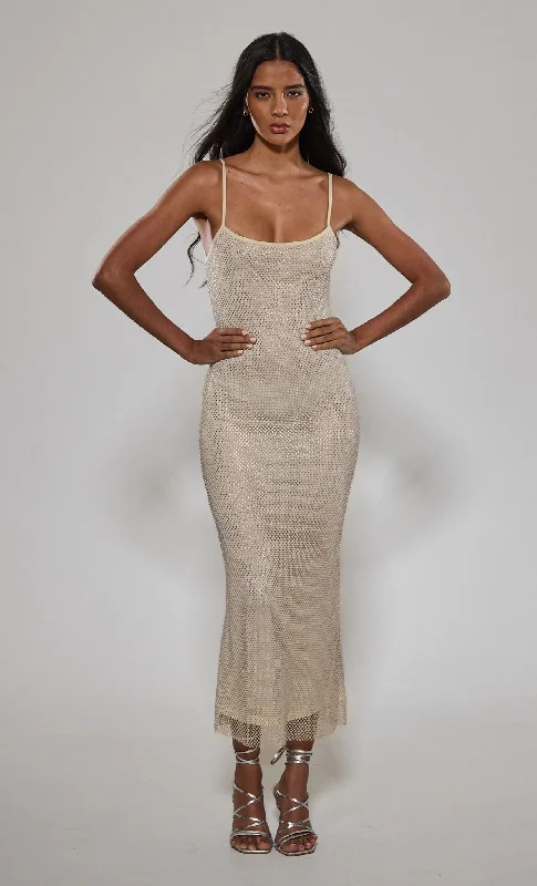 Cream Diamante Mesh Maxi Dress Stylish A-Line Maxi Dress
