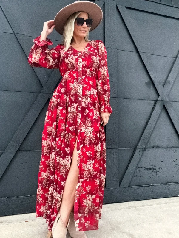Floral Long Sleeve Maxi Dress-Red Chic Summer Floral Maxi Dress