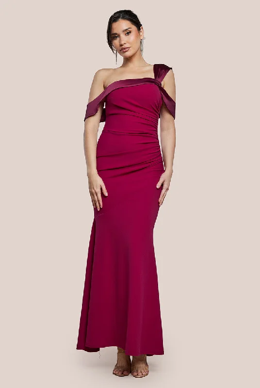 Goddiva One Shoulder Satin Band Maxi Dress - Burgundy Comfortable Maxi Dress with Slits Goddiva One Shoulder Satin Band Maxi Dress - Burgundy Comfortable Maxi Dress with Slits