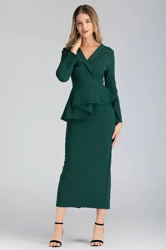 Green Collared Peplum Maxi Dress Stylish Longline Maxi Dress