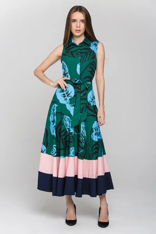Green Leaf Print Color Block Panel Maxi Dress Classic Solid Maxi Dress