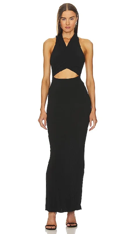h:ours Odette Hoodie Maxi Dress in Black Trendy V-Neck Maxi Dress