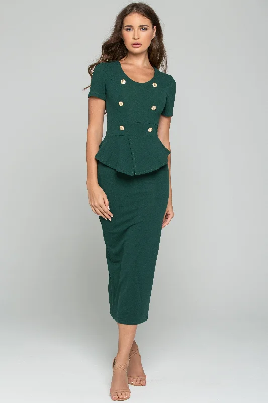 Hunter Green Sheath Peplum Short Sleeve Maxi Dress Stylish Maxi Dress with Frills