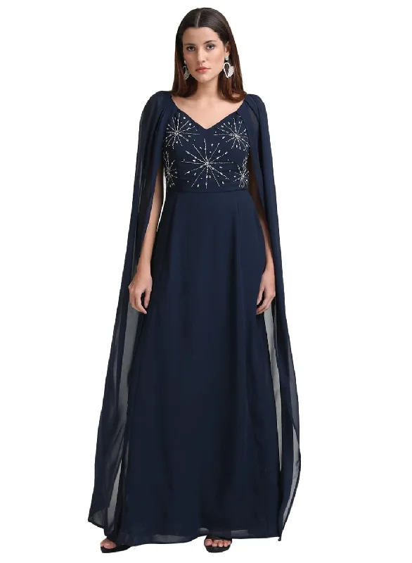 Kazo Embellished Polyester Blend V Neck Women's Maxi Dress (Blue) Trendy Floral Print Maxi Dress