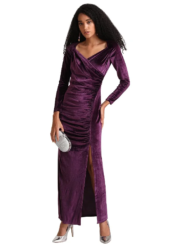 Kazo Solid Velvet V Neck Women's Maxi Dress (Purple) Comfortable Pleated Maxi Dress