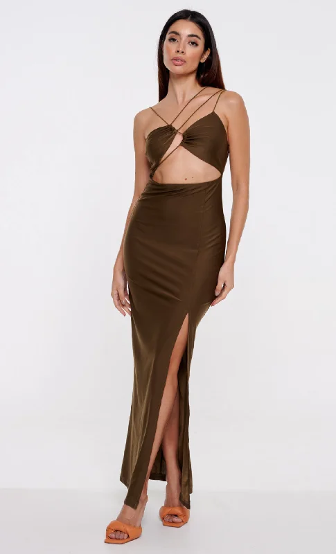 Khaki Strappy Detail Split Maxi Dress Fashionable Faux Wrap Maxi Dress