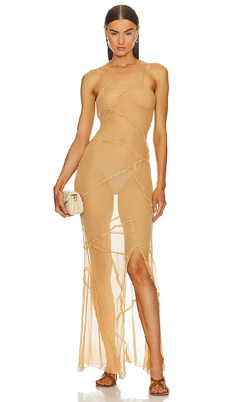 Kim Shui Maxi Dress in Beige Trendy Satin Maxi Dress