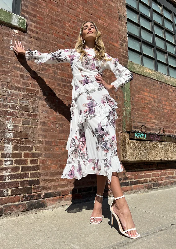 Legally Red Floral Ruffled Maxi Dress Comfortable Fit-and-Flare Maxi Dress