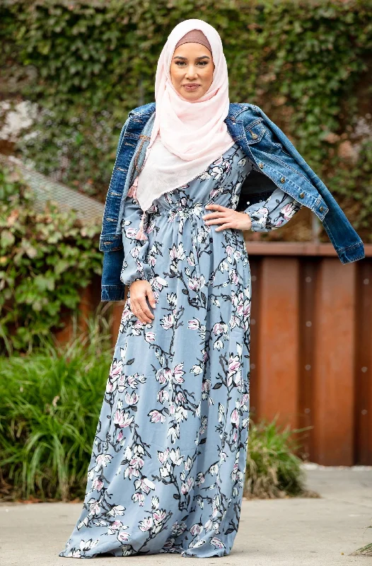 Gray Enchanted Floral Watercolor Drawstring Maxi Dress Comfortable Maxi Dress with Belt Gray Enchanted Floral Watercolor Drawstring Maxi Dress Comfortable Maxi Dress with Belt