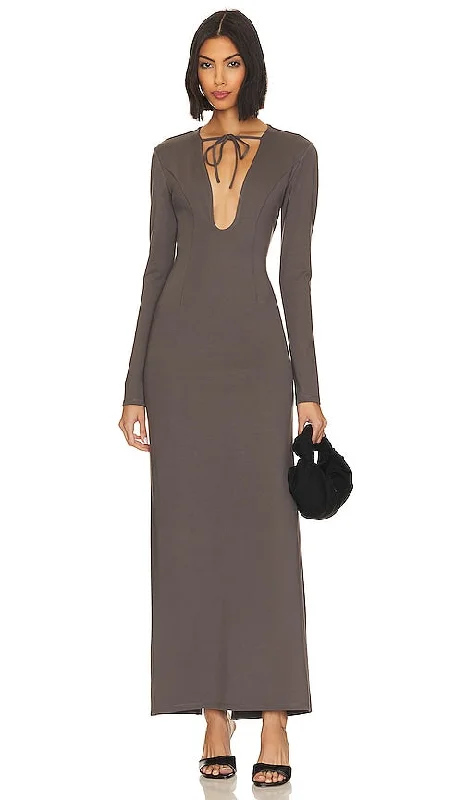 LPA Santino Maxi Dress in Grey Comfortable Pleated Maxi Dress