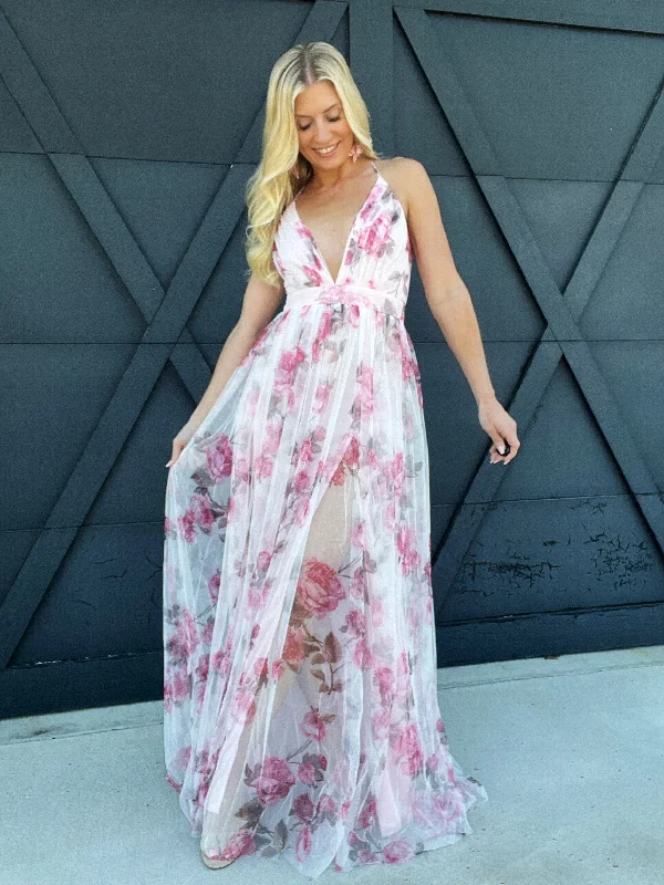 Mesh Floral Maxi Dress In Pink Stylish V-Neck Maxi Dress