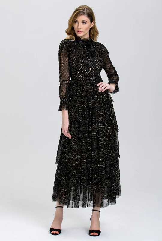 Midnight Sparkle Sheer Maxi Dress Cozy Ruffle Sleeve Maxi Dress