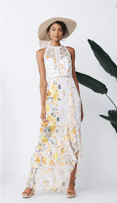 Minuet High-Low Yellow Daisy Maxi Dress Fashionable Halter Neck Maxi Dress